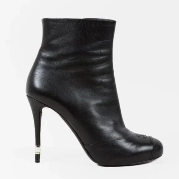 Chanel CC Black Leather Pearl Stiletto Booties - Picture 1 of 11